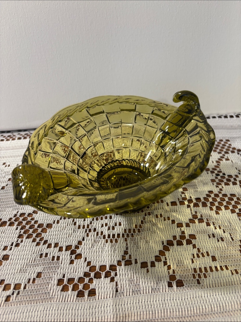 Vintage Green Candy Dish Woven Basket Blown Glass Leaf Handles